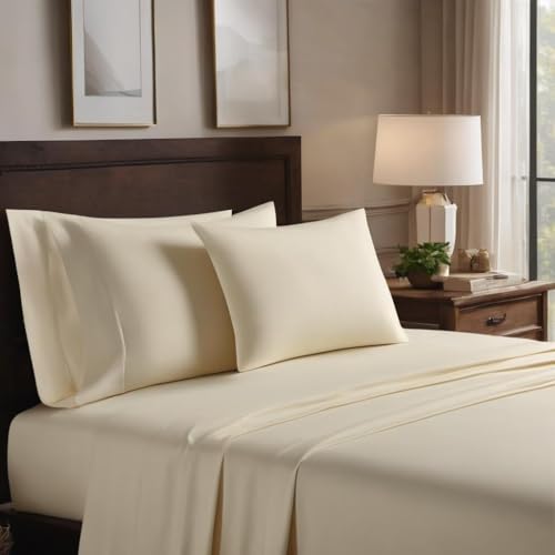 Image of Egyptian Cotton Feel Full Size Flat Bedsheet with 2 Pillow Covers | 1000 TC Soft & Breathable | Ivory Solid Pattern for Bedrooms and Hotels Use (Size: 90 x 100 Inch)