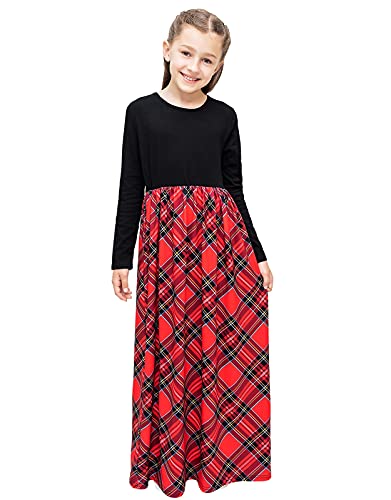 Image of KYMIDY Girls Buffalo Check Plaid Long Sleeve Maxi Dresses 6-14 Years
