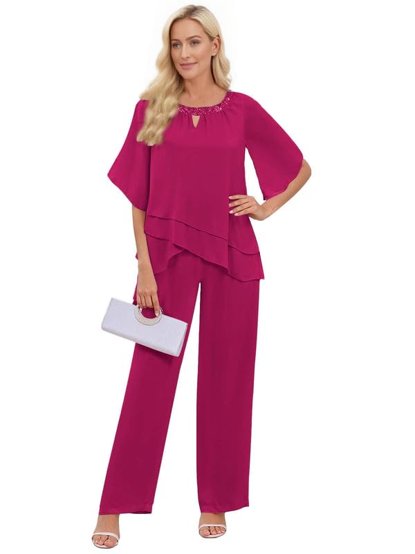 2 Piece Mother of The Bride Pant Suits for Women Dressy Layered Chiffon Wedding Guest Pantsuit Outfit with Sleeves