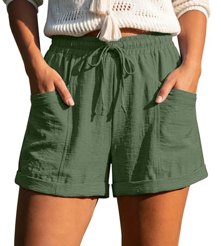 Image of IWOLLENCE Womens Shorts with Pockets High Waisted Elasticated Waist with Drawstring Summer Lounge Ladies Loose Womens Comfy Shorts for Beach (Olive Green, L)