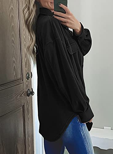 Astylish Womens Jackets Long Sleeve Shirt Jacket Solid Color Button Down Tops With Pockets Black Medium #TOP4