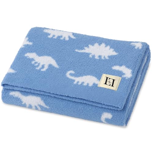 Image of L+L USA DreamSoft Dinosaur T-Rex Baby Blanket - Soft Knit Stroller, Crib & Car Seat Blanket for Babies & Toddlers - Cozy Neutral Nursery Throw for Newborns, Infants & Kids - Blue /White