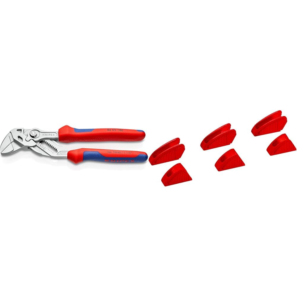 Knipex Szczypce-klucz szczypce i klucz w jednym narzędziu chromowane, z wielokomponentowymi nasadkami 180 mm 86 05 180 & Knipex K86 09 180 V01 Osłonki Szczypiec, Czerwony, 17,3 x 8,6 x 1,6 cm
