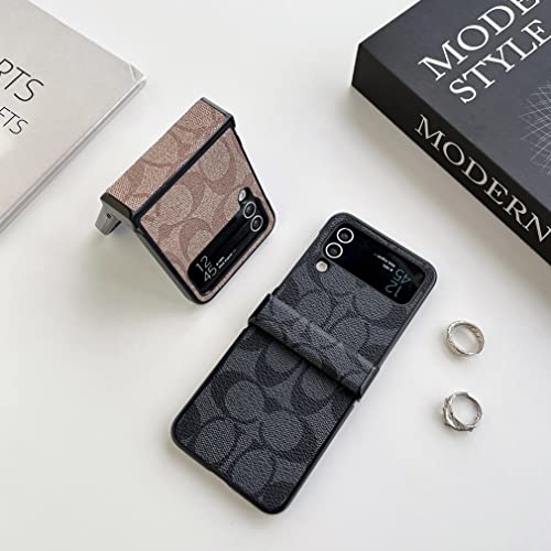 Luxury Phone Case For Samsung Galaxy Z Flip 4 Case With Hinge Protection,Shockproof 180°Folding Pu Leather Cover Classic Design Men Women Full Protection Case Compatible With Samsung Z Flip 4(Khaki) #TOP3