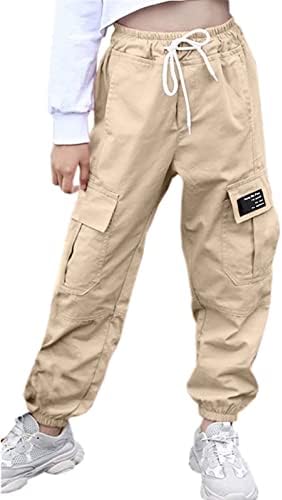 AOWKULAE Big Girls Cargo Pants, Drawstring Elastic Waist Loose Tapered Cargo Jogger Pants with Multi Pockets for Girl, Khaki, 13-14 Years = Tag 170