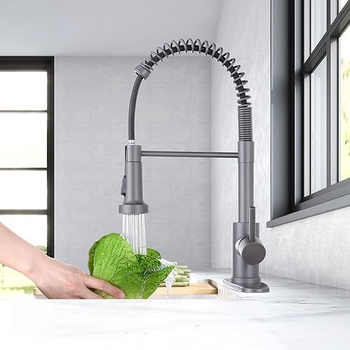Image of HGN Kitchen Faucet with Pull Down Sprayer, Commercial Single Handle Spring Kitchen Sink Faucets for Farmhouse Camper Laundry Utility Rv Wet Bar Sinks Grey