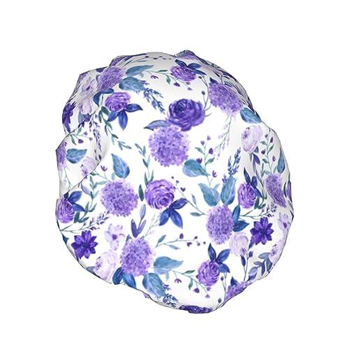 Image of Violet Purple Rose Shower Cap For Women Adjustable Double Waterproof Layers Bathing Shower Hat Hair Protection Reusable Ladies Spa Salon Shower Hat