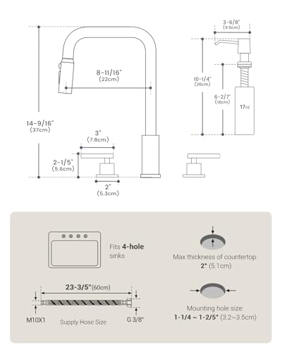 Image of APPASO 4 Hole Black Kitchen Faucet with Pull Down Sprayer & Soap Dispenser | Matte Black Square Neck Kitchen Sink Faucet with Dual Handle, Stainless Steel for 3 and 4-Hole Sinks, Easy to Install