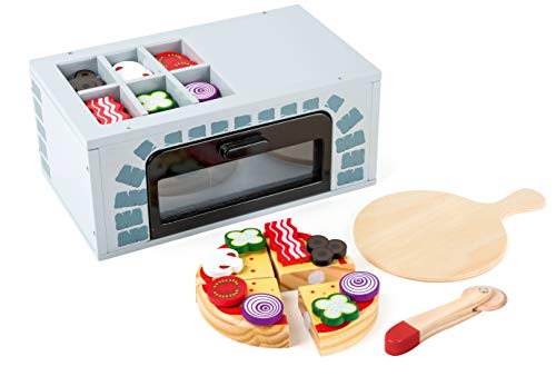 Image of Small foot wooden toys - Pizza Oven Playset 25 Pieces - Includes Pizza Slices, Pan, Cutter, Play Food: Tomatoes, Onions, Mushrooms, Bacon, Olives - Encourages Imaginative Play in Boys & Girls Ages 3+