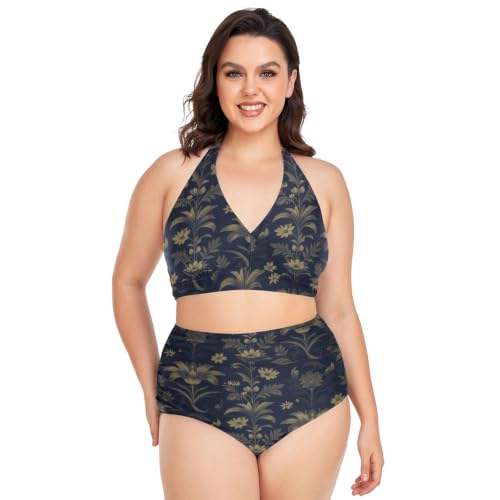 Maillot de bain 2 pièces rétro avec motif floral damassé et taille haute