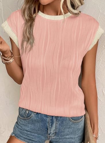 EVALESS Womens Short Sleeve Textured Tops Crewneck Knit Solid Loose Casual Basic T Shirts Tee Blouses