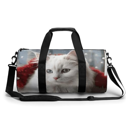 Cute White Cat Gym Bag for Men Women, Sturdy Oxford Cloth Travel Bags with Removable Shoulder Strap, Waterproof Duffel Bag for Fitness, Travel, Yoga