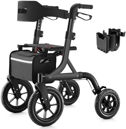 MAXWALK Rollator Faltbar und Leicht mit Sitz,30cm Reifen für Allen Gelände | Outdoor Leichter Rollator mit Gummirädern,Integrierte Seilzugbremsung,Aluminium Höhenverstellbarer Roll