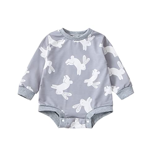 Lamuusaa Newborn Infant Baby Boy Easter Outfit Bunny Long Sleeve Romper Oversized Sweatshirt One Piece Bodysuit Jumpsuit (Grey, 0-3 Months)
