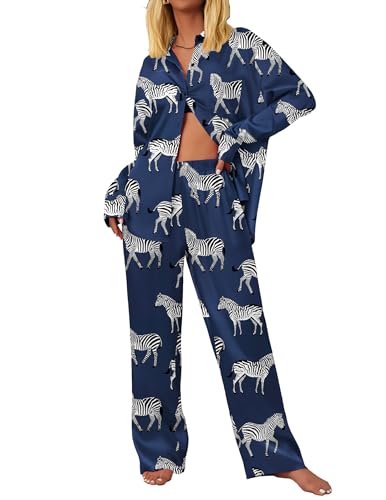 Ekouaer Womens Satin Silky Pajama Set 2 Piece Print PJs Soft Loungewear Button Down Sleepwear with Elastic Waist Long Pants