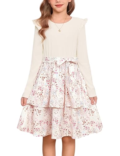 GRACE KARIN Girls Fall Long Sleeve Dresses Girl Floral Midi Dress Kids Casual Holiday Dresses with Belt Size 6-13