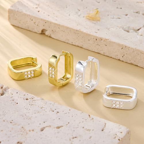 925 Sterling Silver Hoop Earrings for Women Trendy Cubic Zirconia Small Chunky 14K Gold Plated Earrings Minimalist U Shape Geometric Rectangle Hypoallergenic Lightweight Square Hoops Earring3