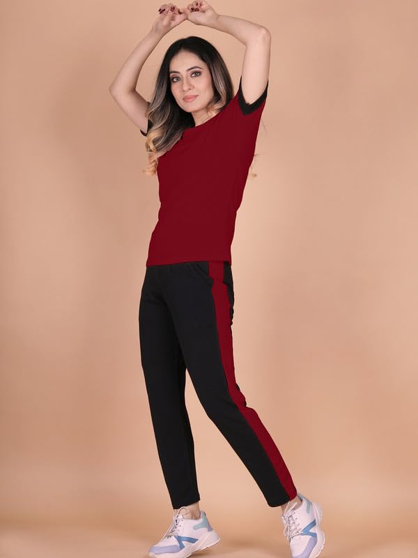 Image of DTR FASHION Polyester Blend Shoulder Stripes Tracksuit | Night Wear Suit For Women