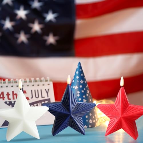 Image of Tujoe 3 Pcs 4th of July Flameless Candles Star Patriotic Candle Independence Day Battery Operated Candles USA Red White Blue LED Stars with Remote for Holiday Table Decorations