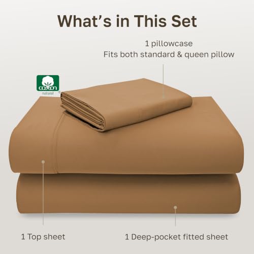 Image of California Design Den Twin Sheets Deep Pocket Set - Luxury 600 Thread Count, 100% Cotton Sateen, Twin Sheet Set, Deep Pockets, Soft and Durable Bedding - Honey Caramel