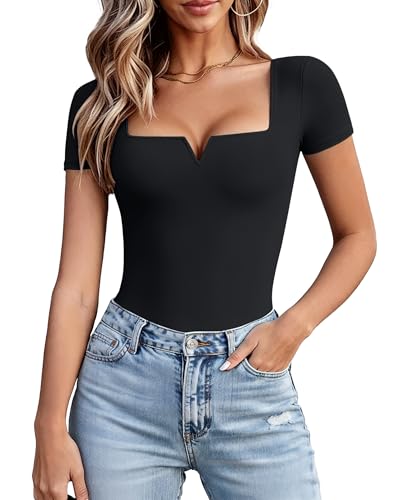 Avidlove Black Bodysuit for Women Short Sleeve Square Neck Body Suits Sexy V Neck One Piece T Shirt Going Out Tops Concert Outfits f