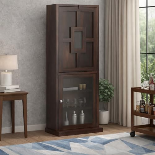 Image of Wooden Bar Cabinet for Home - Large Bar Unit for Living Room with Wine Rack - Foldable Table & Glass Door Storage | Sheesham Bar Table for Home & Bar Counter (Natural)