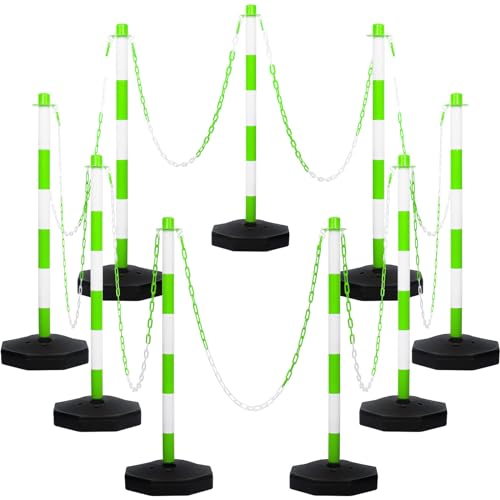 Amylove 9 Packs Traffic Delineator Post Cone with Base, Traffic Cones Safety Cones Caution Cones Plastic Stanchion Chain Safety Barriers with 6.6 Feet Link Chain and S Hooks for Parking Lot (Green)