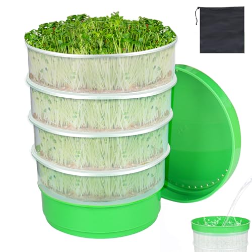 Nomanak Seed Sprouting Kit - 4-Tier Stackable Seed Sprouter Trays with Drain Holes and Drain Tray, Micro Greens Growing Trays Kit, Soil-Free Sprouter Tray for Beans Alfalfa Seeds