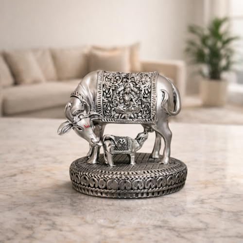 Image of Gold Art India Kamdhenu Cow and Calf Idol | Silver Plated Antique Finish Decorative Murti | 6.35 cm x 6.35 cm | Sacred Gau MATA Statue for Home Temple & Gift