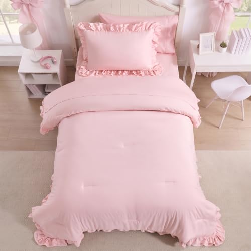 Image of Twin Comforter Set for Girls, Boho Bedding Comforter Sets, 4 Pieces Double Ruffles Comforter Sets with Comforter, Fitted Sheet, Flat Sheet and Pillowcase, Pink