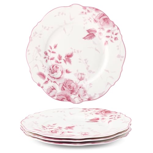 fanquare 21,6 cm Rosa Dessert-Teller mit Blumenmuster, 4er-Set Britisches Elegantes Porzellan, Snack- und Vorspeisenteller, Mikrowellen- und Spülmaschinenfest