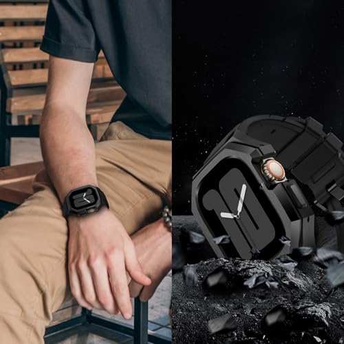 Image of Luxury Metal Case with Band Compatible for Apple Watch 44mm 45mm 46mm 49mm,Men Rugged Protective Bumper Cover with Soft Silicone Strap for iWatch Series 11 /10 /9 /8 /7 /6 /SE3 /SE2 /SE /5 /4 and Ultra 3 /2 /1 49mm