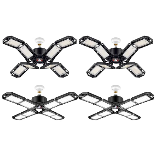 Image of 4 Pack LED Garage Light, Super Bright Screw in E26 /E27 Ceiling Shop Work Lamp, 200W 20000 Lumen Deformable Basement Bulb Fixture with 8 Adjustable Panels