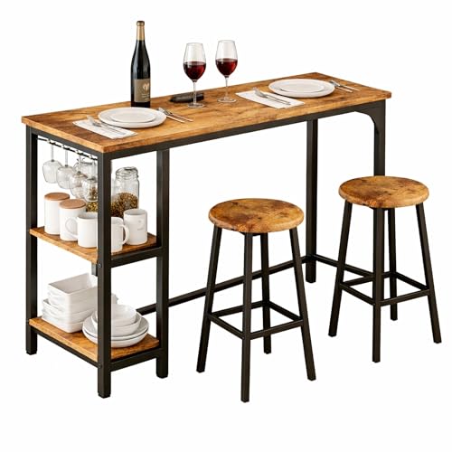 Blishom Ensemble Table de Bar, Set de Bar 3 pièces avec 2 tabourets de Bar, Table de Bar pour Cuisine avec 2 étagères et Porte-Verres, Table de pub...