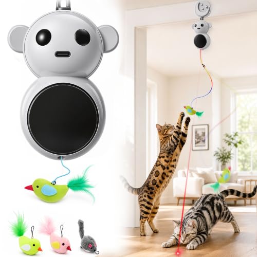Image of Interactive Cat Toys with Automatic Feather Flying Bird for Bored Adult Cat | Catpick toy Doorway Hanging Feather Toy Safe for Indoor Cat & Kitten, Electric Moving Wand Toys for Exercise &Enrichment,Grey