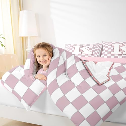 Image of Erosebridal Pink Initial K Kids Comforter Sets Kawaii Plaid Checkered Queen Bedding Set for Girls Teen Women Cute Personalized Monogram Comforter Set,Fashion Grids Gingham Quilt Duvet 3 Pcs