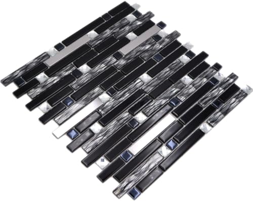 Mosaik Fliese Edelstahl schwarz Stäbchen Glasmosaik Crystal Stahl schwarz Glas für WAND BAD WC DUSCHE KÜCHE FLIESENSPIEGEL THEKENVERKLEIDUNG BADEWANNENVERKLEIDUNG Mosaikmatte Mosaikplatte