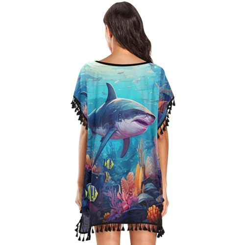 Sea Animals Shark Women's Beach Cover Up Chiffon Tassel Swimwear Swimsuit Coverups for Girl2