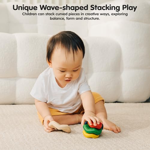 Image of PlanToys Wooden Wave Stacker | Montessori Stacking Toy for Imaginative Play, Fine Motor Skills and Coordination | Eco Friendly Baby Toy for Sensory and Problem Solving Development