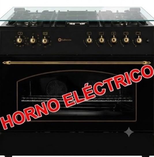 SOLTHERMIC F9L50E5R COCINA GAS CON HORNO ELECTRICO NEGRA RUSTICA CON MANDOS DORADOS/ANCHO 90 CMS / 5 FUEGOS/HORNO PANORAMICO 115 L. / GAS BUTANO Y GAS CIUDAD/ENTREGA A DOMICILIO