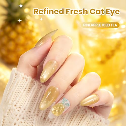 Image of Beetles Pineapple Iced Tea Yellow Cat Eye Gel Nail Polish - 9ML Glitter Yellow Cat Eye Spring Gel Polish Magnetic Shimmer Effect Soak Off UV Nail Art Design Salon DIY Manicure Gift for Women