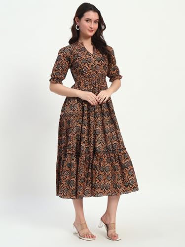 Image of Women's Fit and Flare Dress I Pure Cotton Long Summer Maxi Dress I V-Neck I Casual Wear I Printed Kalamkari Floral Middi
