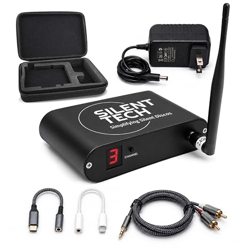 Transmisor RF Silencioso TX50RF de Silent Tech – Transmisor de Audio Inalámbrico de 3 Canales Compatible con Auriculares RF309 – Incluye Cables y Adaptadores Necesarios miniatura 1