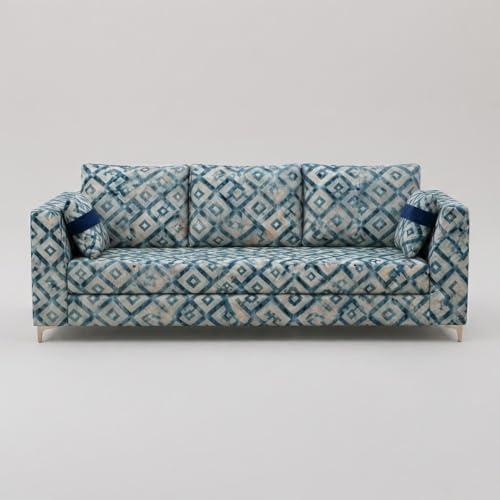 Image of FURNY Signature Cresta 3 Seater Sofa Set | Tapestry Fabric | 40D Foam + Zigzag Spring | 3-Yr Warranty (Lagoon Mosaic Blue) | Modern Living Luxury Sofa Set for Home, Office & Hotel Spaces