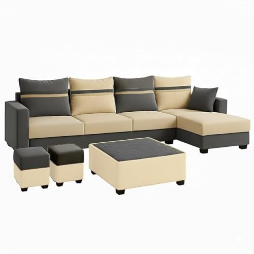 Image of CASASTYLE Wallis 8 Seater Fabric RHS L Shape Sofa Set with 1 Centre Table & 2 Puffy (Cream- Dark Grey) Velvet Finish | Comfortable Sectional Sofa for Living Room