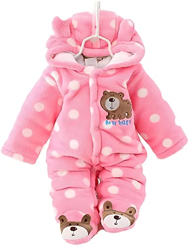 Image of BRANDONN BRANDONN Unisex Baby Flannel Polka Print Jumpsuit Panda Style Cosplay Clothes Bunting Outfits Snowsuit Hooded Romper Outwear (Pink, 9-12 Months)