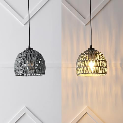 Image of JONATHAN Y 8.25 inch Gray Modern Bohemian Woven Rope LED Pendant Light Fixture, Adjustable Dome Ceiling Lamp for Kitchen Island, Rope Shade, Coastal Farmhouse Decor (JYL6512D)