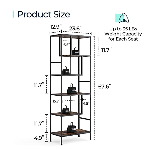 Linsy Home 5-Tier Bookshelf, 68 Inches Metal Industrial Bookcase, Display Rack With Steel Frame, Storage Rack Shelf For Office, Bathroom, Living Room, Rustic Wood #TOP3