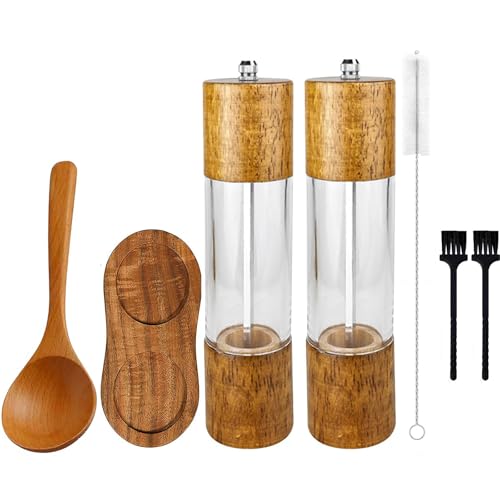 Moulin à sel et à poivre en bois, set de 2 pièces, moulin à sel en bois, moulin à poivre avec sous-verre et cuillère, moulin à épices manuel réglable,...