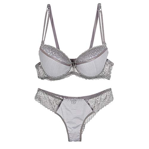 Women Lace Overlays Stripes Push Up Bras and Panty Set Petite Size Underwire Padded Everyday Bras T-Shirt Bras Demi Bras Brassieres for Women Grey Size 36B